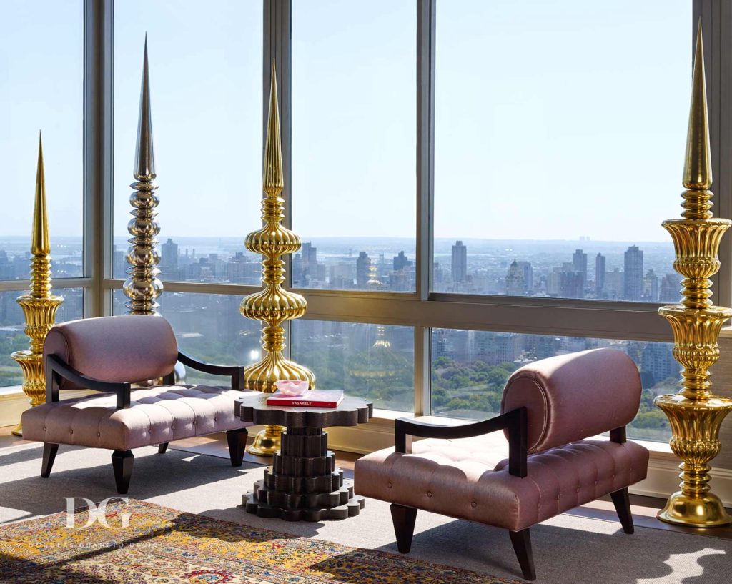 Custom interior design project with Adderson, Flynn & Martin carpet overlooking Manhattan, NY