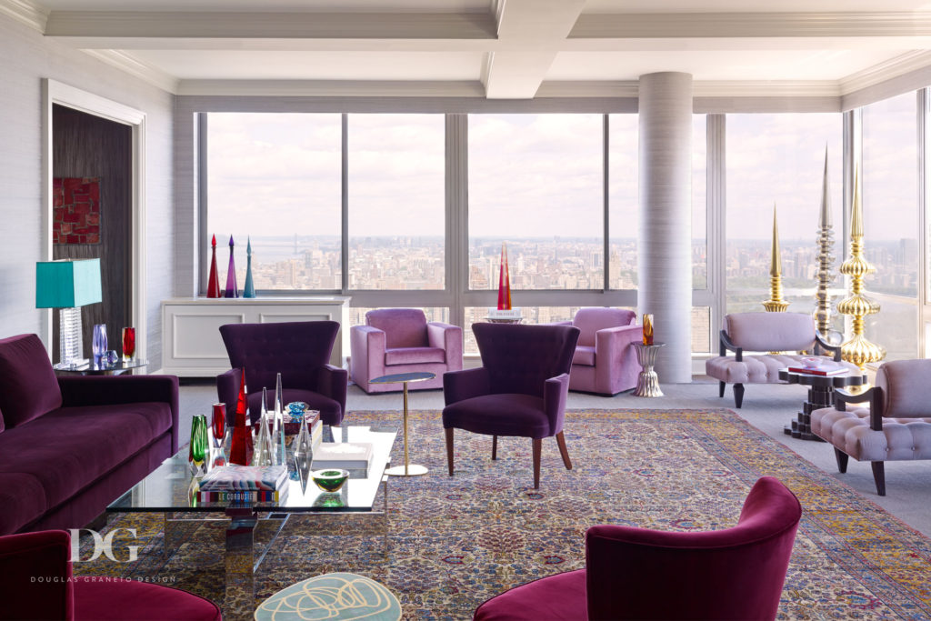 Home design project with Adderson, Flynn & Martin carpet, Deder & Clarence House fabrics overlooking Manhattan, NY