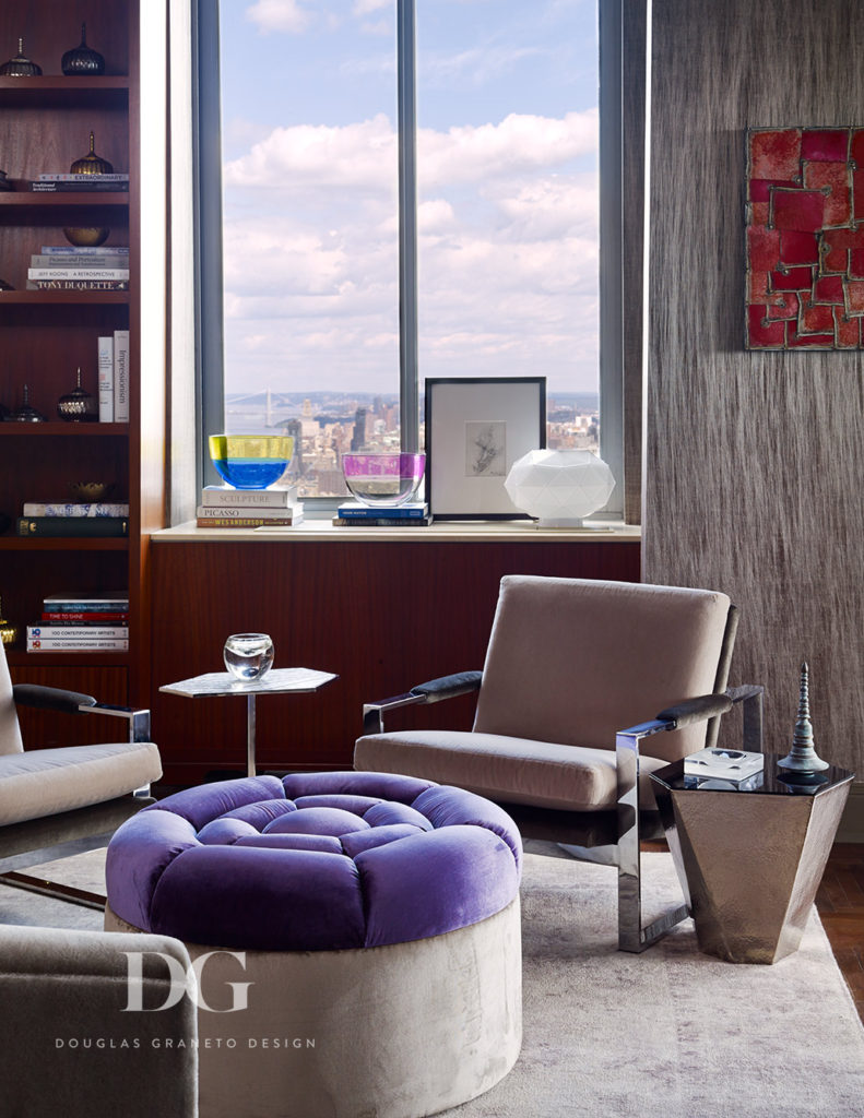 Custom interior design project with Milo Baughman chairs and Deder fabircs in Manhattan, NY