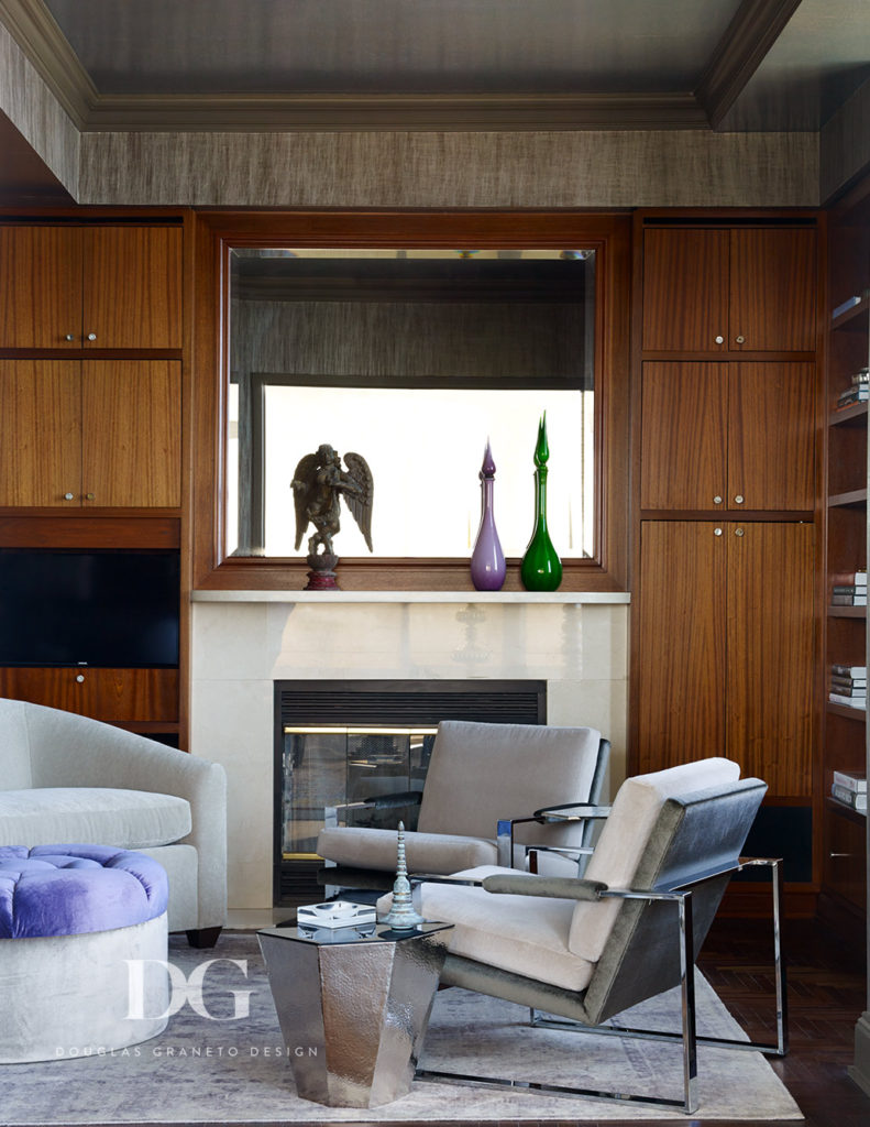 Cozy lounge area with Milo Baughman chairs and Deder fabric in Manhattan, NY