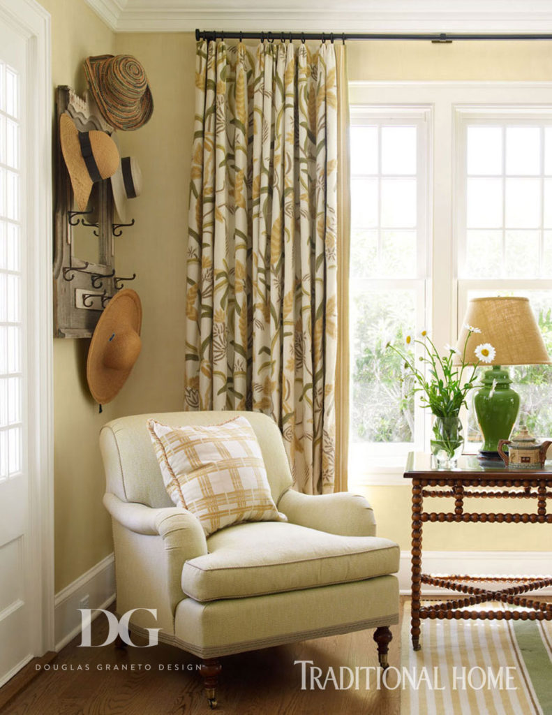 Comfortable sitting area featuring textiles and fabrics from Chelsea Editions, Brunschwig & Fils, and Holland & Sherry.