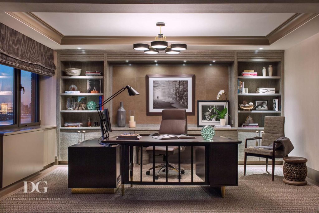 Modern office featuring Edelman leather furniture and unique lighting fixtures
