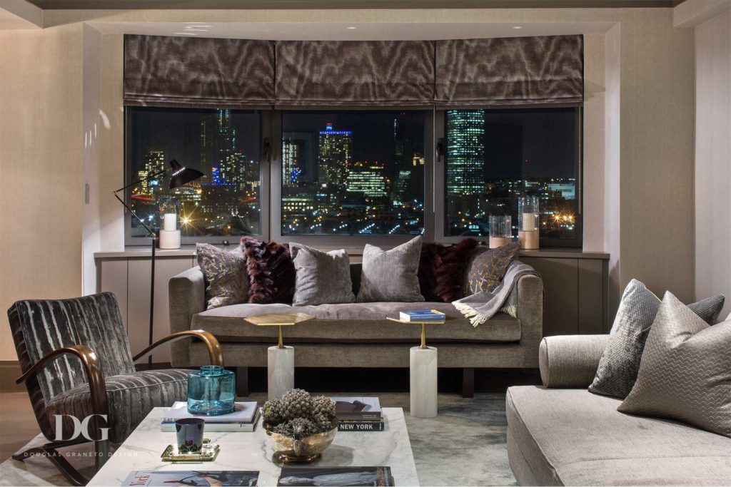 Upper East Side apartment with Holly Hunt coffee table, sofa, & Romo fabrics overlooking Manhattan, NY