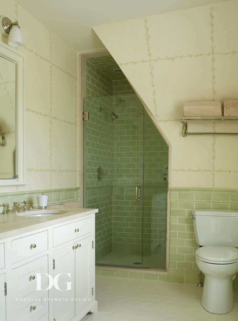 Renovated East Hampton bathroom featuring Ann Sacks tile and decorative interior painting.