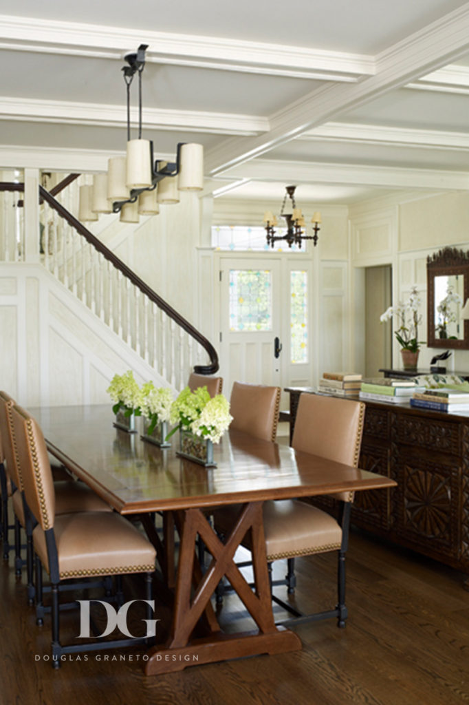 Custom interior design project featuring David Duncan lighting, Holly Hunt sideboard, and John Rosselli antiques.