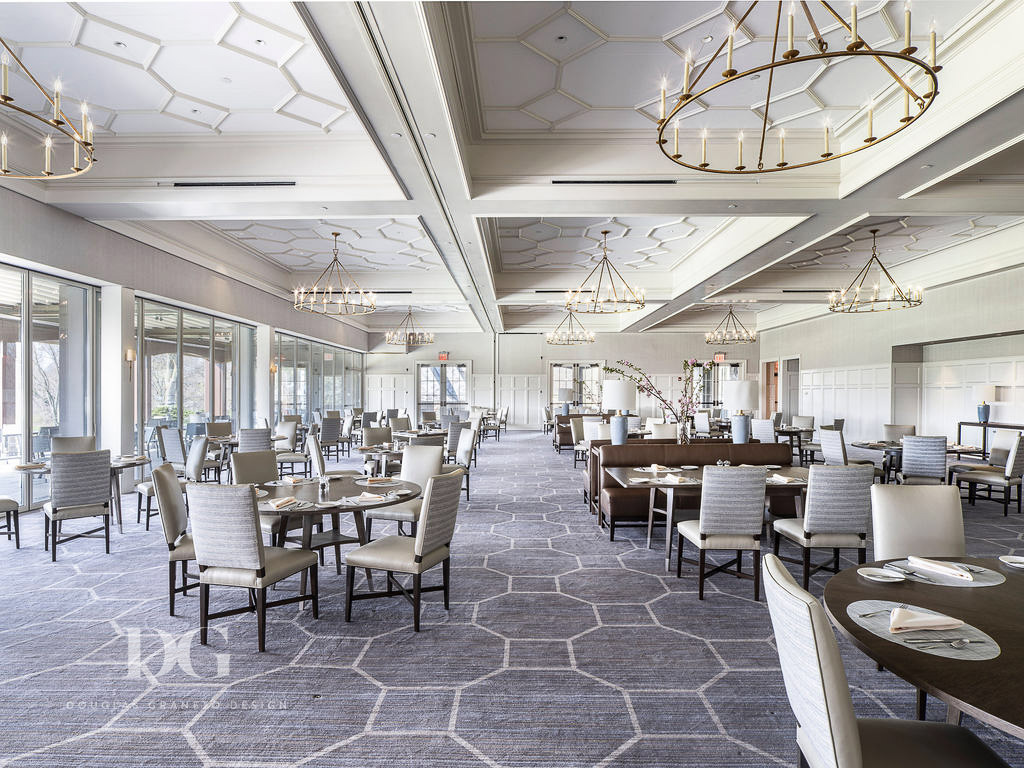 Country club dining room with Ulster carpet and Circa Lighting chandeliers