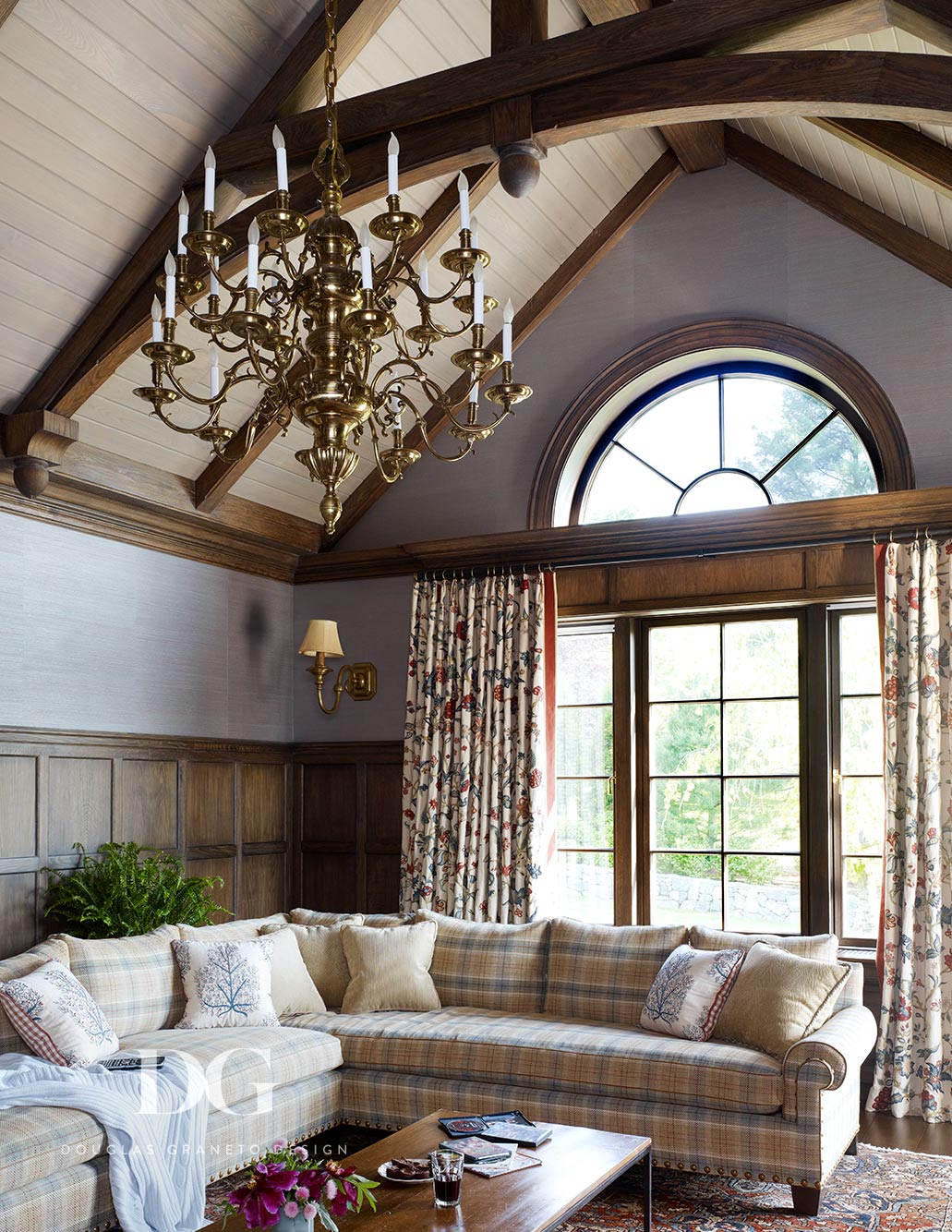 Plaid Sectional Sofa and Large Chandelier in Greenwich, CT Home