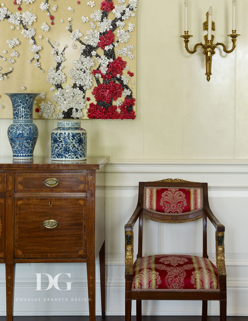 Nice chair with floral picture and wooden side table