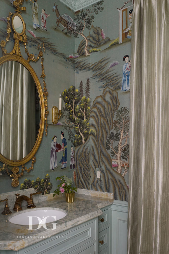 Ornate Bathroom Featuring Asian-Inspired Wallpaper