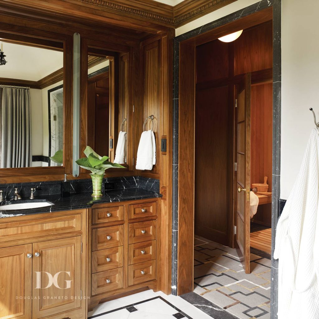 Bathroom Featuring Stone Countertop and Wooden Surfaces