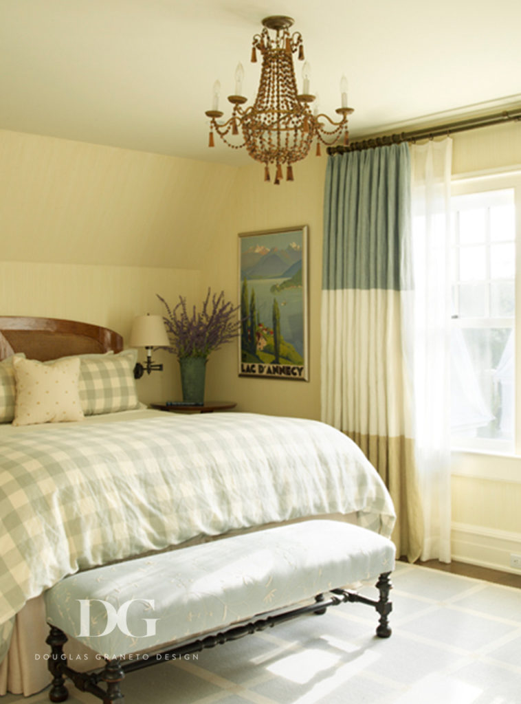 Cozy Southampton guest bedroom featuring Elizabeth Eakins carpet and C&C Milano textiles.