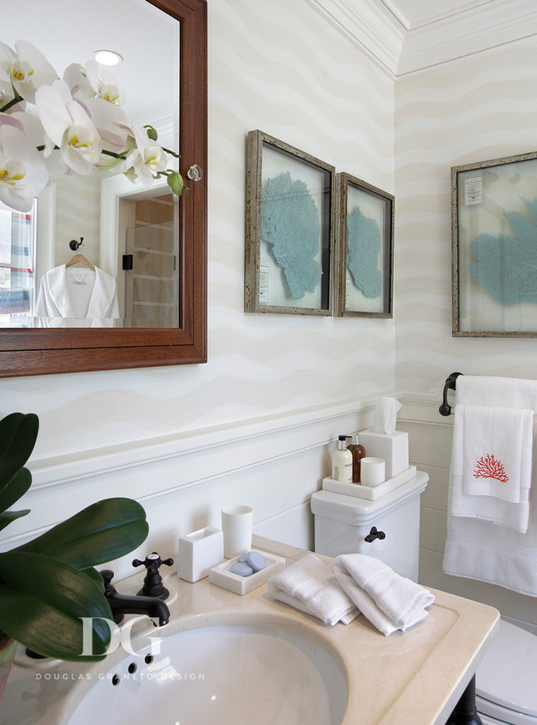 Renovated Southampton bathroom with decorative painting over the sink and vanity.