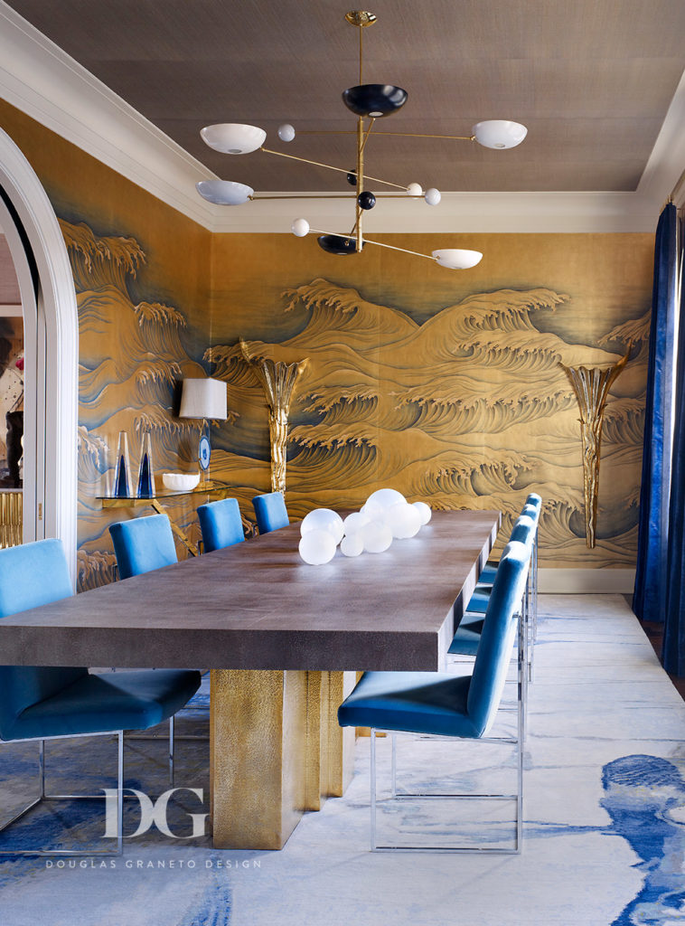 modern dining table and Asian waves art on walls