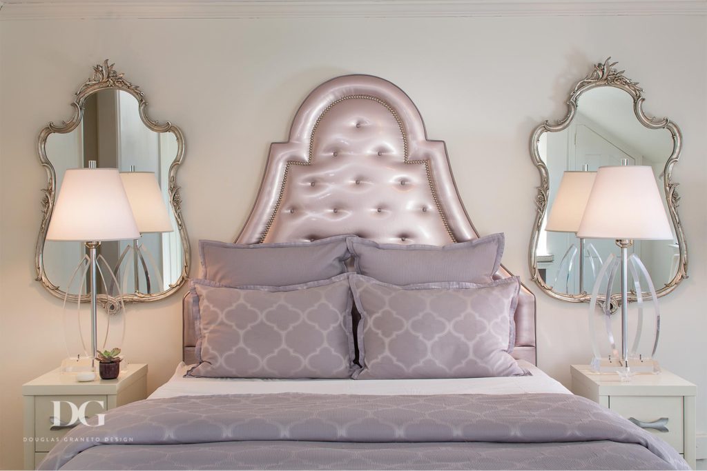 custom interior design incorporating bedspread headboards and mirrors