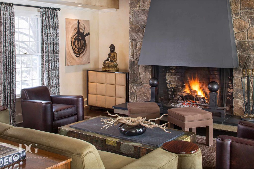 custom interior design built around stone fireplace