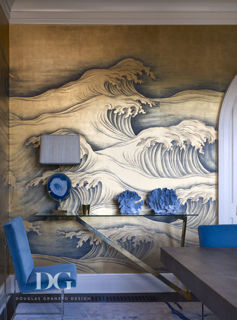 art of Asian waves painted on wall in dining room