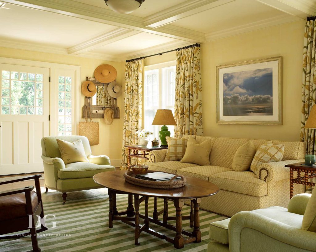 Custom interior designed living room with Chelsea Editions textiles and John Rosselli antiques.