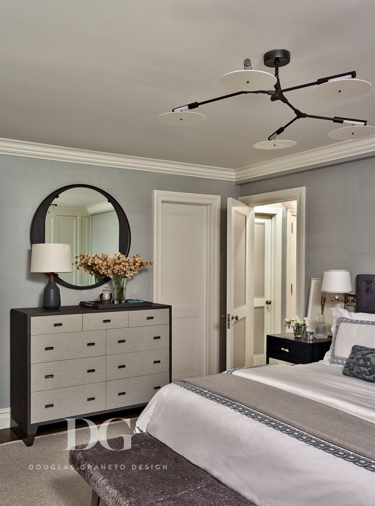 Bedroom with Lindsay Adelman chandelier and Desiron dresser