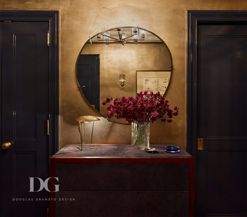 Entryway with custom dresser, High Style Deco mirror and plaster walls
