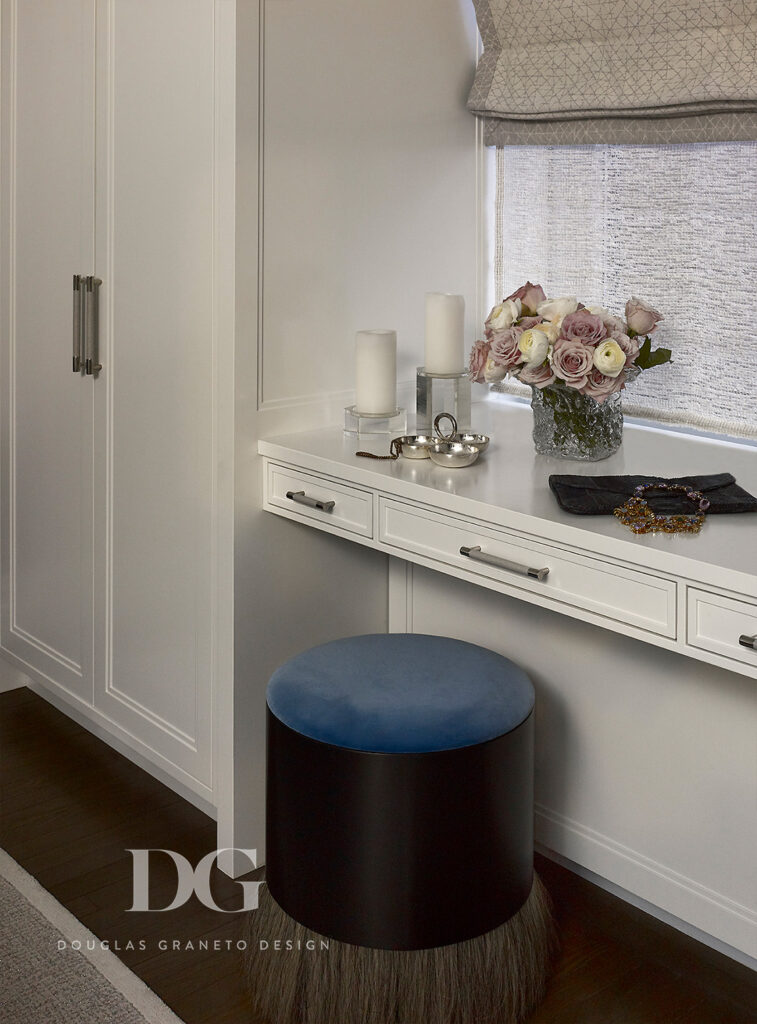 Bedroom built in vanity with custom makeup stool