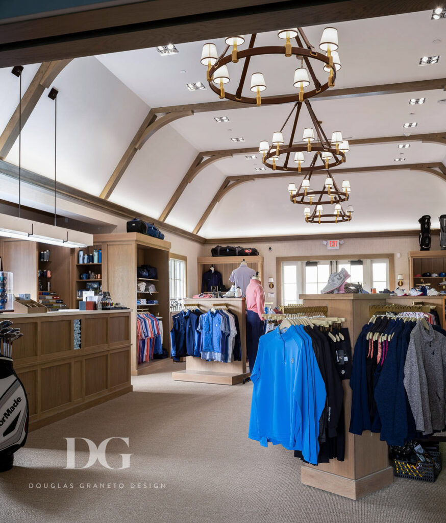 Country club pro shop with Ralph Lauren chandeliers