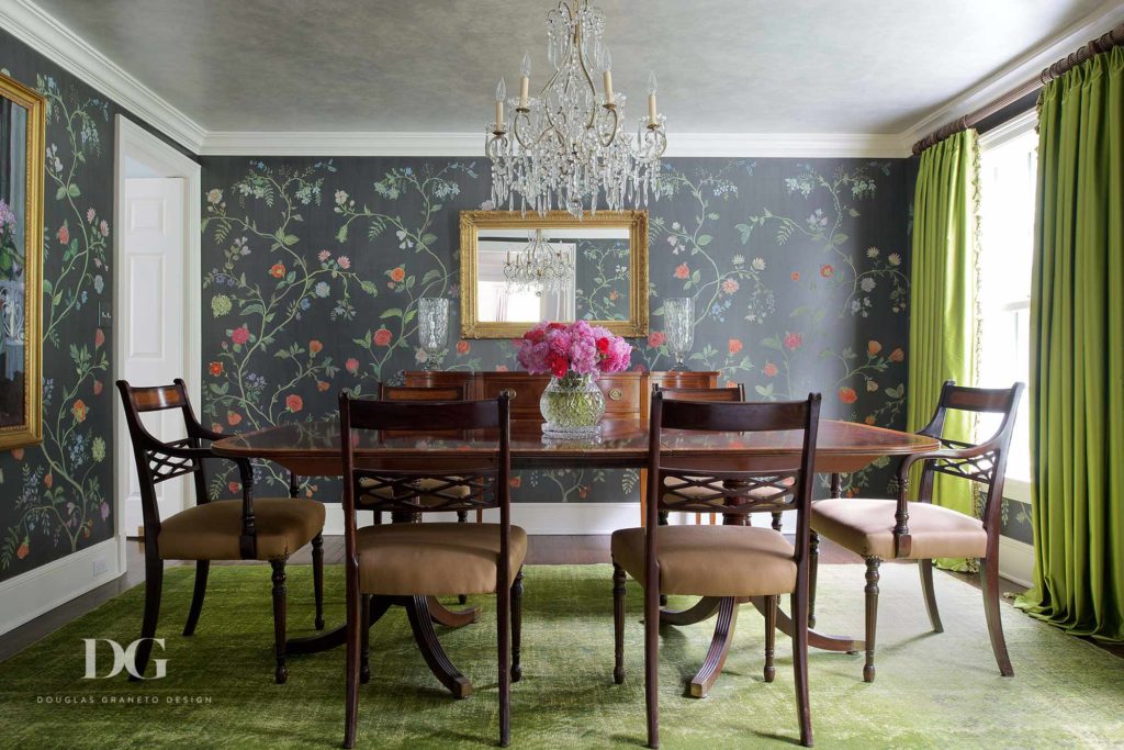 dining room with flower wallpaper